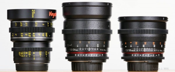 Veydra 25mm T2.2 (MFT); Rokinon 24mm T1.5 and 50mm T1.5 (Nikon F mount)