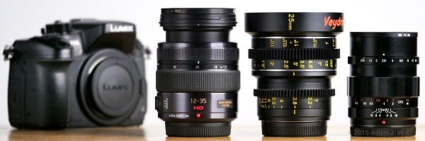 Three MFT lenses: Lumix 12-35mm f/2.8 zoomed to 25mm, Veydra 25mm T2.2, Nokton 25mm f/0.95
