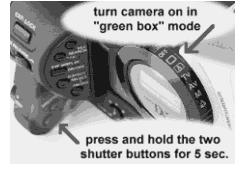 turn camera on in green box mode, press and hold the two shutter buttons for appx. 5 seconds