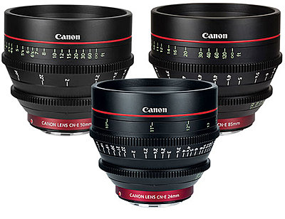 Canon Cinema Prime Set: 14mm, 24mm 35mm , 50mm, 85mm, & 135mm-canon-3-cinema-lenses-cn-e24-cn-e50-cn-e85-texas-media-systems.jpg