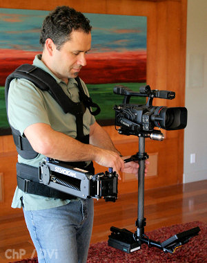 Charles Papert flies the Steadicam Pilot in the Missionary Position with a Canon XH A1.