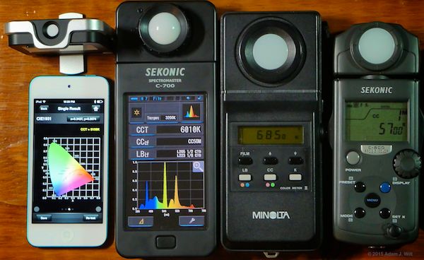 Four color meters: Lighting Passport, Sekonic C-700, Minolta Color Meter II, Sekonic C-500