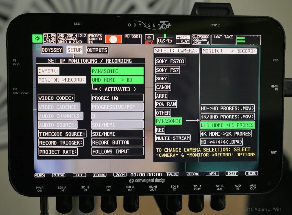 Selecting UHD-to-HD downsampling foer the GH4 in the 7Q+'s menus. Click/tap for a larger image.