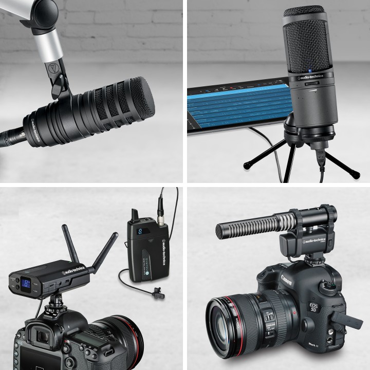 Left to right, top to bottom: Audio-Technica content production microphones: BP40 large-diaphragm dynamic, AT2020USBi cardioid condenser, System 10 Camera-Mount Wireless and AT8024 stereo/mono camera-mount.