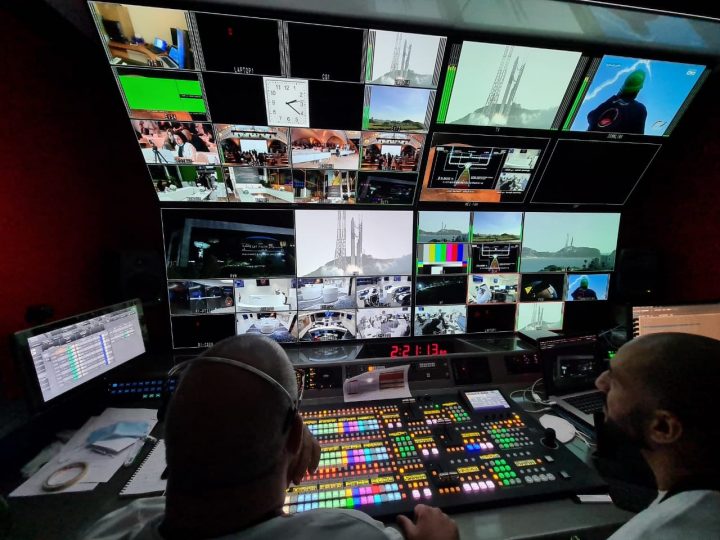 Inside Media Mania's OB2 during the Hope Probe launch with FOR-A set up pictured, including FOR-A HVS-2000 switcher and MV-4200 multi-viewers.